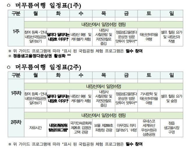 머무름여행 일정표 1주 2주