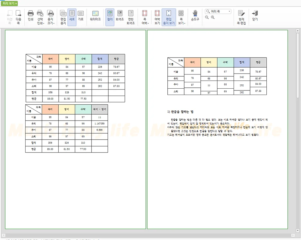 한글에서 워터마크가 삽입된 모습