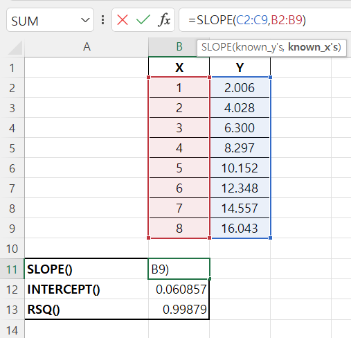  [엑셀함수] 엑셀로 선형 회귀식의 기울기, Y-절편, R^2 구하기 SLOPE(), INTERCEPT(), RSQ()