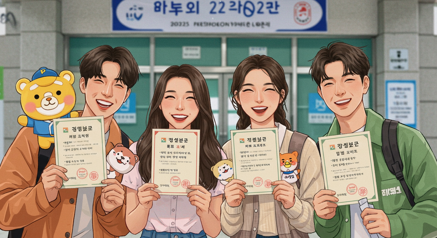 2025년 대선 투표 인증샷을 찍는 MZ세대 친구들, 각기 다른 투표 인증 용지를 들고 활기찬 모습.