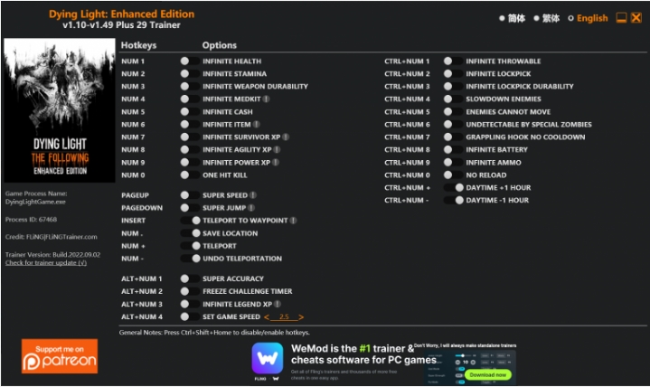  [트레이너] 한글판 다잉 라이트 인핸스드 에디션 v1.10-v1.49 Plus 29 최신 영문판 트레이너 Dying Light Enhanced Edition v1.10-v1.49 Plus 29 Trainer Fixed