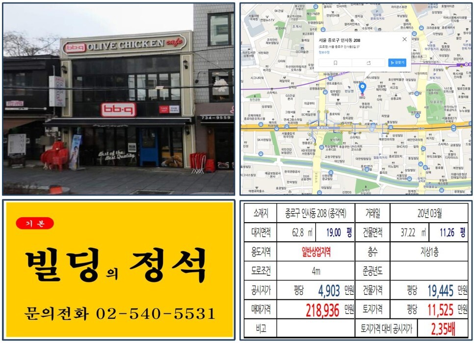  [종로구 인사동 프랜차이즈 20억 꼬마빌딩 실거래가 조회] 인사동 208 (종각역) 21억 8,936만 원, 평당 1억 1,525만 원 매매되었습니다. BBQ, 청계천
