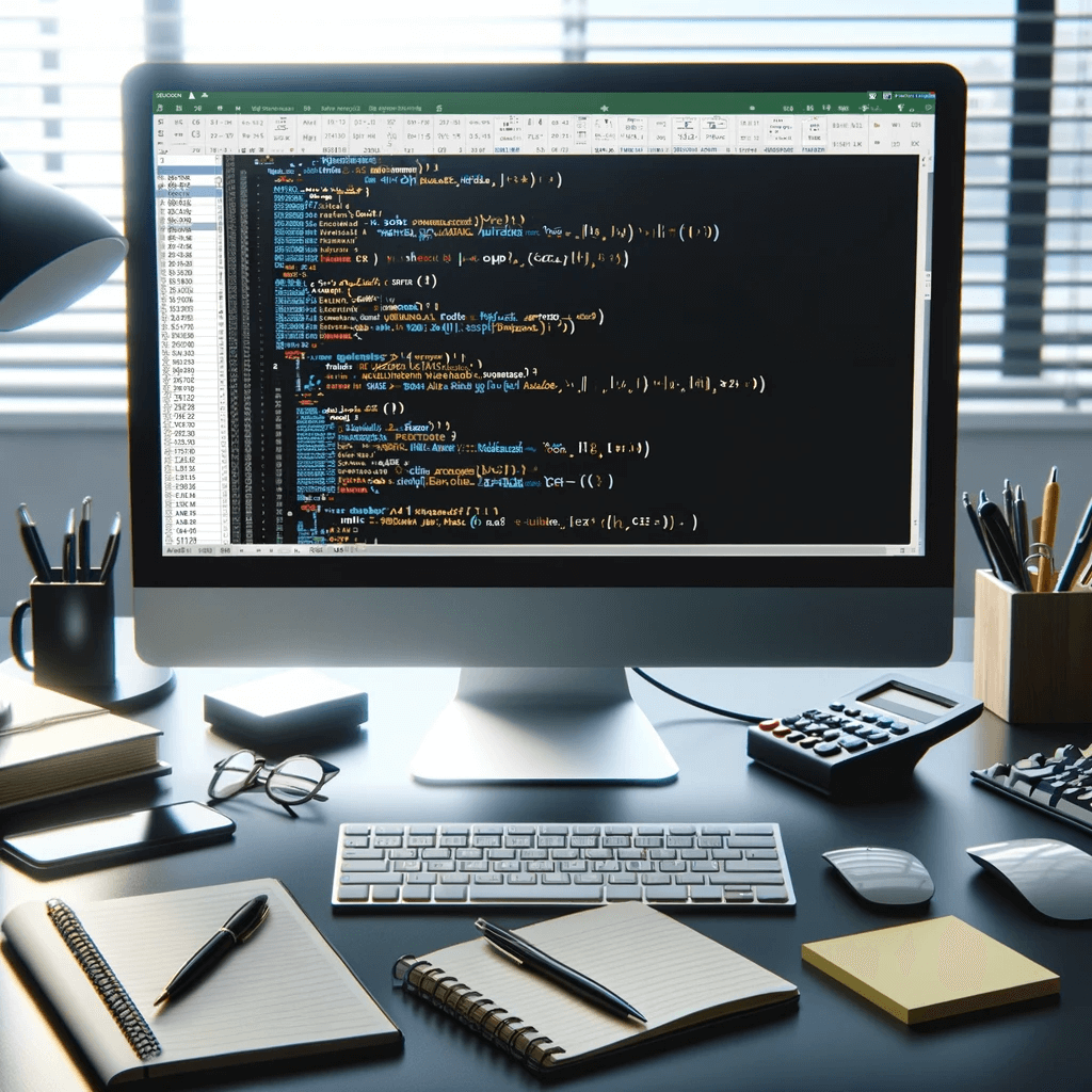 VBA 코드가 있는 컴퓨터 화면과 주변의 오피스 도구들이 보이는 작업 환경을 표현하고 있습니다. 화면에는 Excel 프로그램에서 자동화 작업을 수행하는 VBA 스크립트