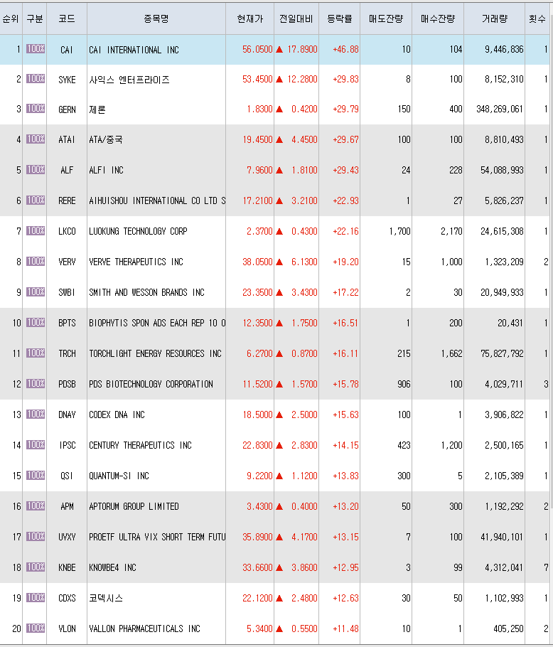  6월18일 미국주식 상승률 상위 종목 TOP 300