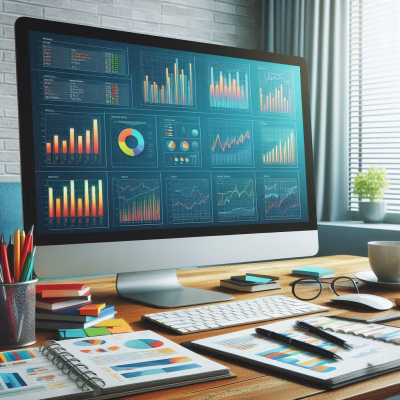 고급 통계 분석을 위한 여러 화면과 그래프가 있는 컴퓨터 화면.