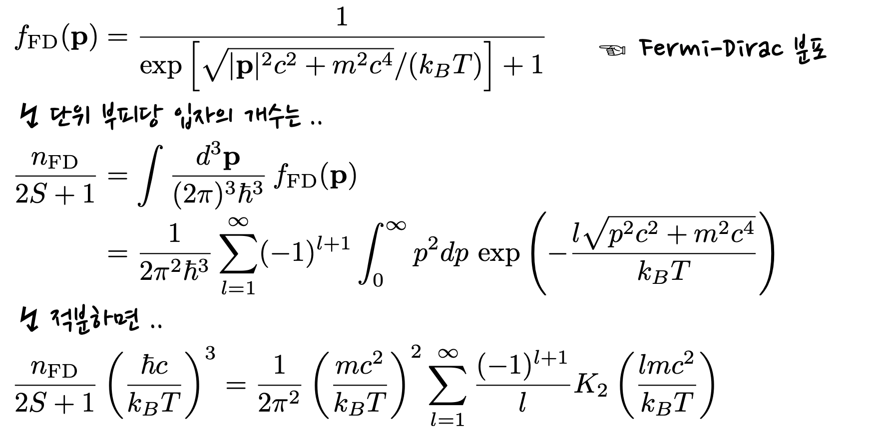 formulae for number density of fermions, derived from relativistic Fermi-Dirac thermal distribution function