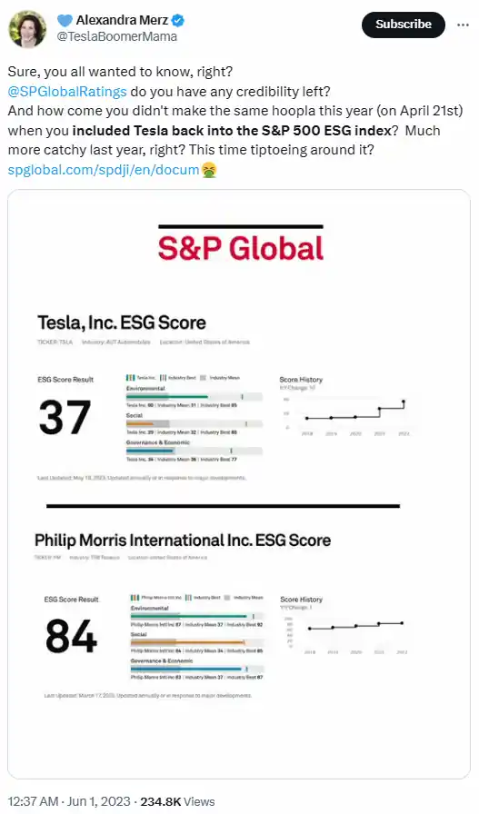 테슬라의 ESG 점수는 37점&#44; 담배 회사 필립 모리스의 ESG 점수는 84점 (출처: 트위터 @TeslaBoomerMama)