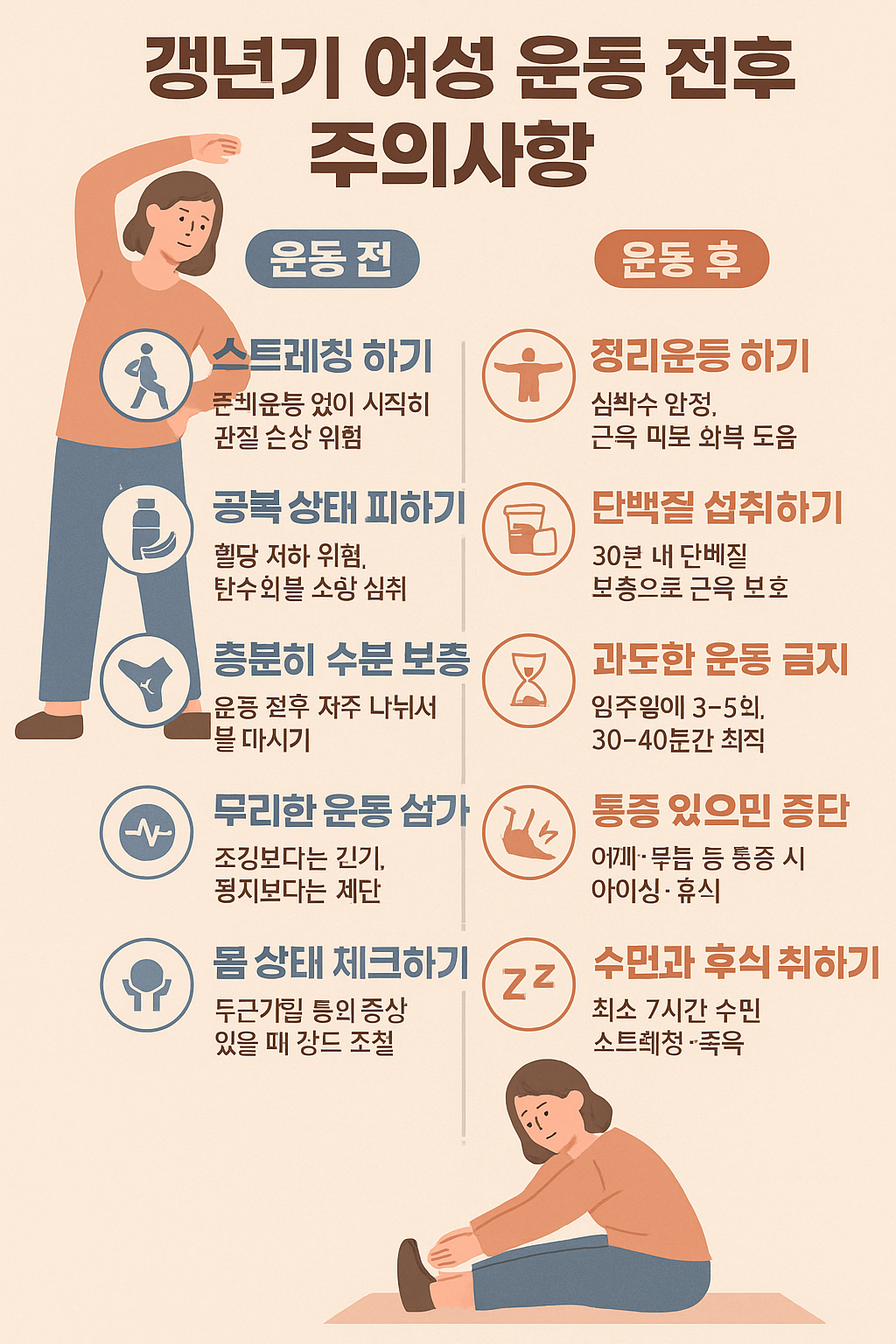 갱년기 여성 운동 전후 주의사항, 효과를 높이고 부작용을 줄이는 실천 팁