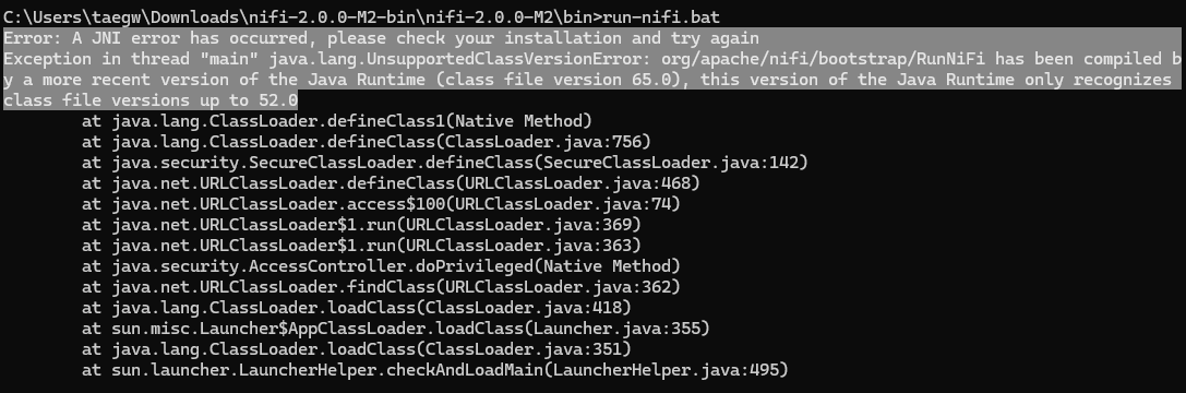 A JNI error has occurred, please check your installation and try again