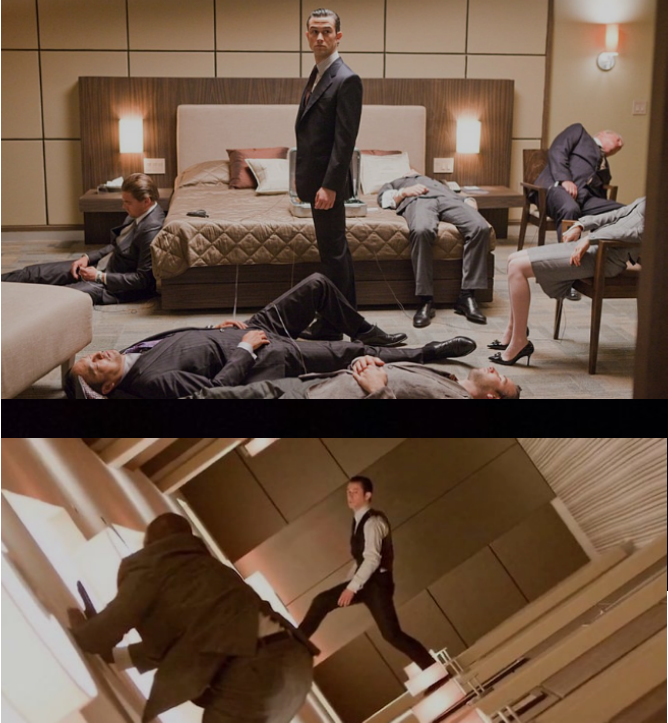 주인공들이 잠들어 꿈꾸고 있는 모습과 주인공이 회전하는 공간에서 적과 대치하고 있는 모습