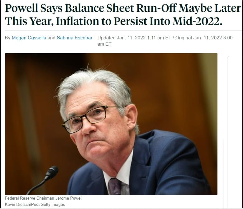파월 연준의장 &amp;ldquo;양적긴축은 연말에&amp;rdquo;... 뉴욕 증시 상승 Powell Says Balance Sheet Run-Off Maybe Later This Year, Inflation to Persist Into Mid-2022.