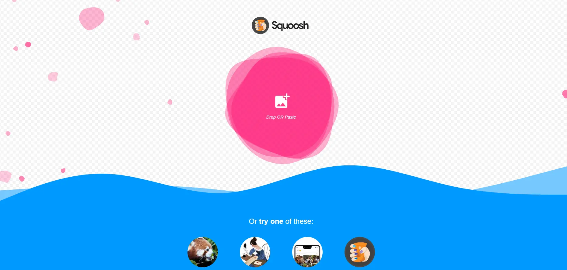 구글에서 만든 이미지 최적화 도구인 Squoosh 시작 화면으로 배경에는 분홍색 원이 가운데 있습니다.