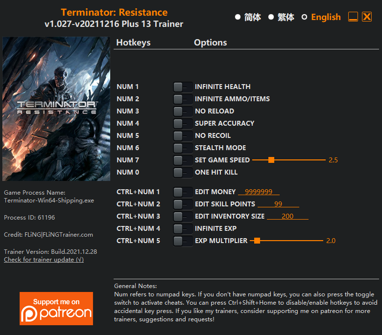  [트레이너] 한글판 터미네이터 레지스탕스 Terminator Resistance v1.027-v20211216 Plus 13 Trainer 영문판