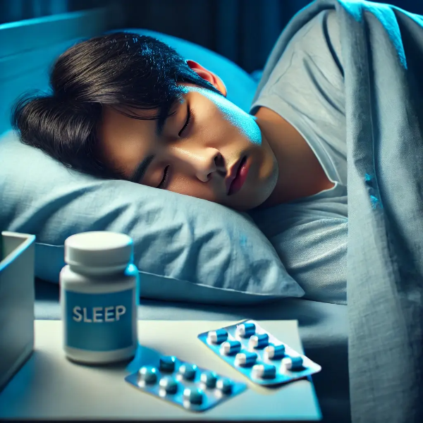 수면제를 안전하게 복용한 후 평화롭게 잠든 한국인, 부작용 없이 건강한 수면 환경