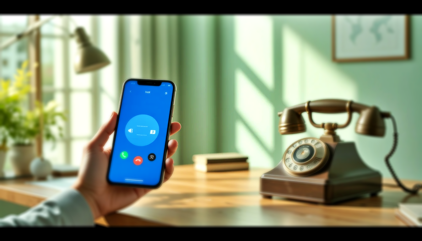 A serene office setting with a person holding a sleek smartphone showing a calm blue call screen, a vintage rotary phone on a wooden desk, soft natural light through a window, pastel green and beige tones, symbolizing a peaceful legal consultation, 2025 music and healing aesthetic, no text, highly detailed, unique composition for legal advice on name change applications