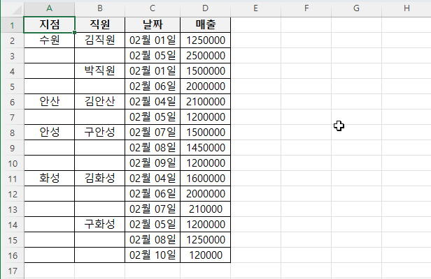 엑셀에서 빈칸 자동으로 채워 넣는 방법 캡처 1