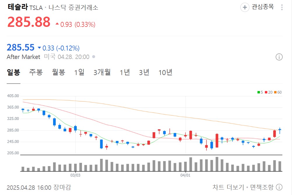 테슬라주가 네이버증권 일봉차트