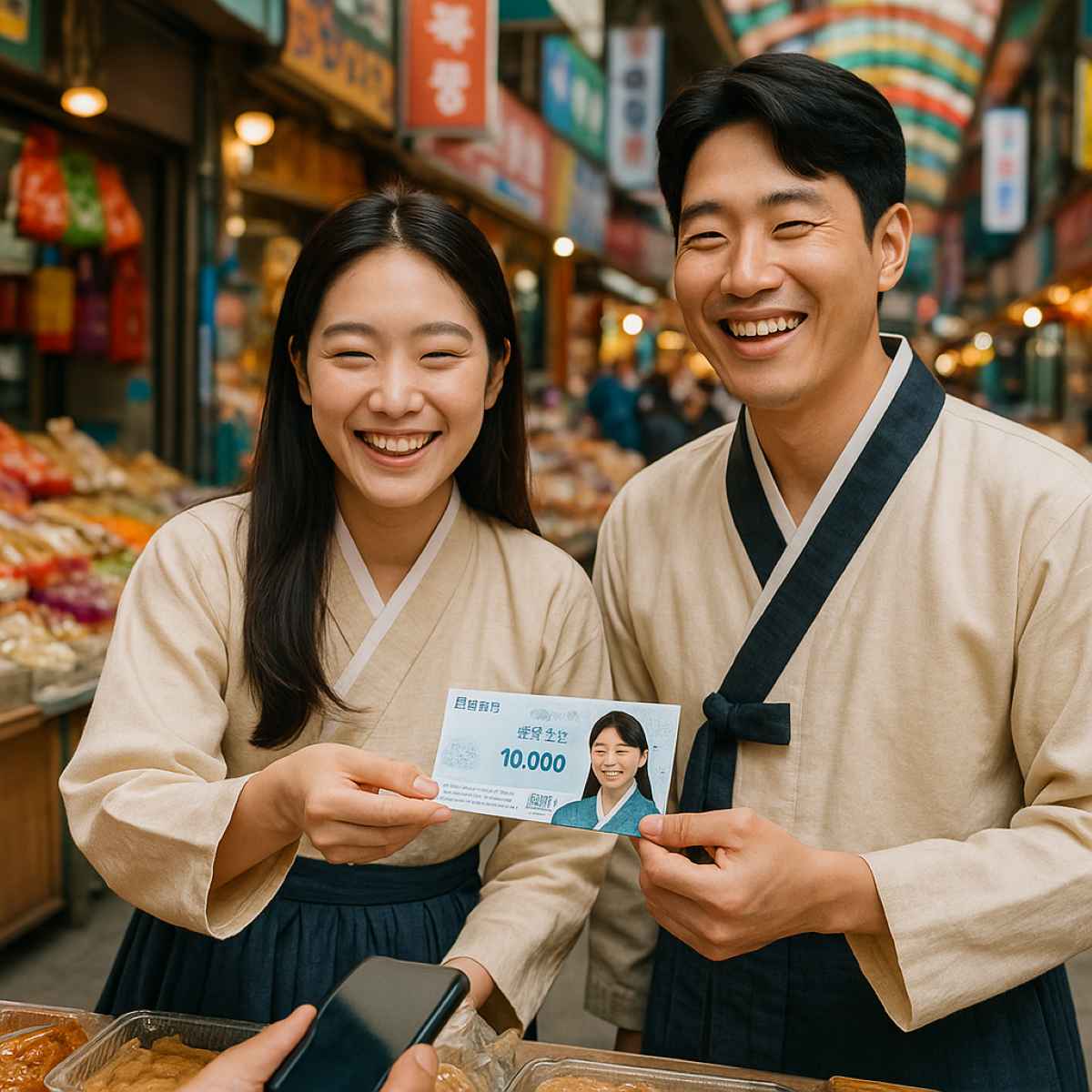 거리에서 소비쿠폰 결제하는 젊은 부부