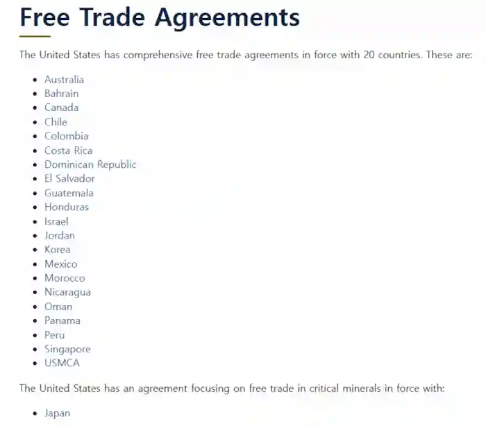 미국과 자유 무역을 협정 체결한 국가 목록. 우리나라도 포함되어 있다. (출처: ustr.gov)
