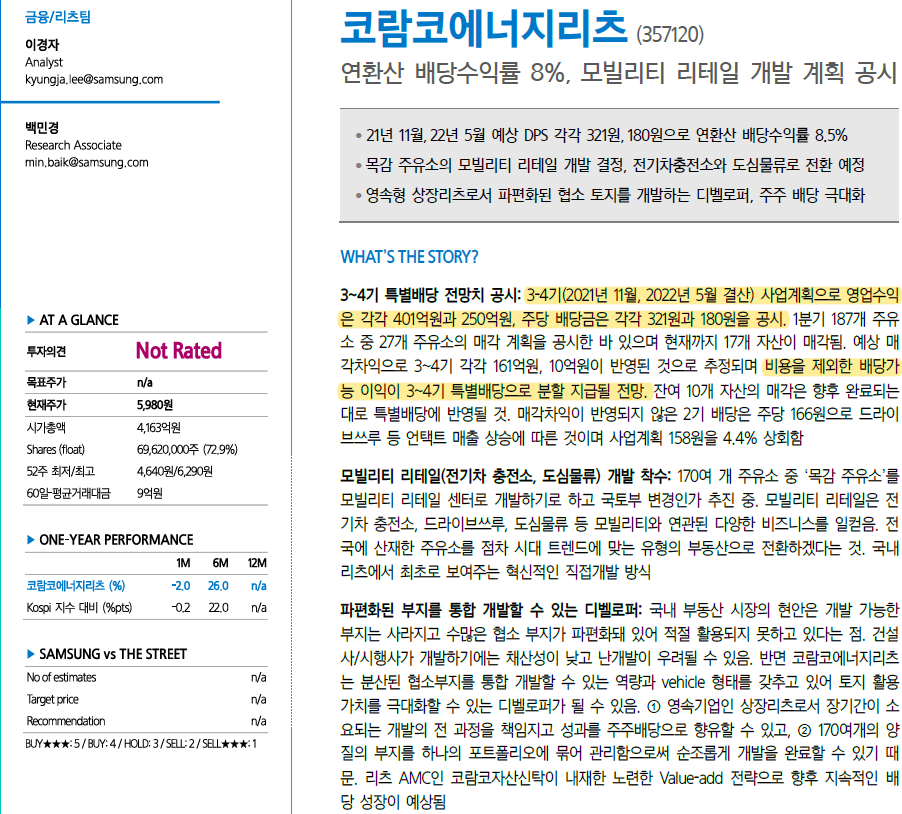  코람코에너지리츠_연환산 배당수익률 8%, 모빌리티 리테일 개발 계획 공시