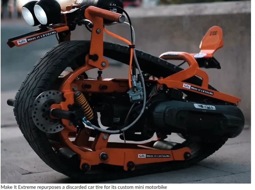 스턴트를 위한 1륜 미니 모터 바이크 VIDEO: Mini motorbike with single recycled car tire around its body can lean back for wheelie stunts