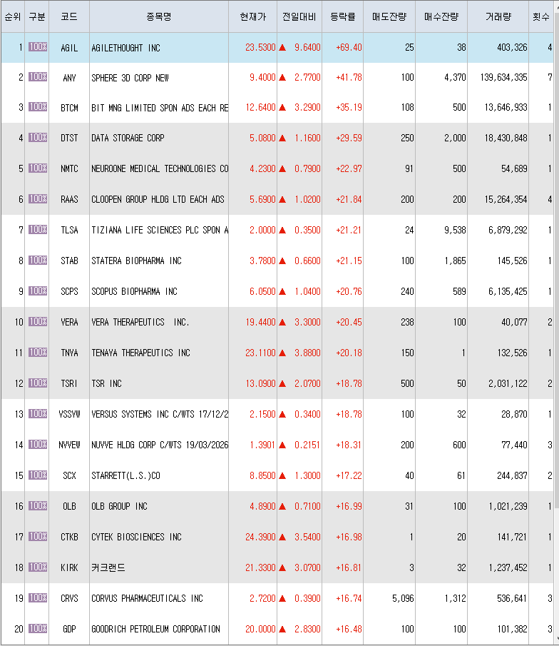  9월2일 미국주식 상승률 상위 종목 TOP 300