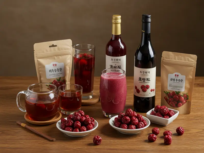 테이블 위에 산수유 차, 산수유 술, 산수유 스무디, 말린 산수유, 산수유 정과(엿) 등이 놓여 있는 사진. 산수유의 다양한 활용법을 보여준다.