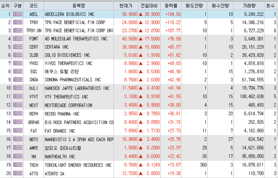  12월11일 미국주식 상승률 상위 종목 TOP 200