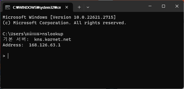 Windows PC의 명령프롬프트에서 nslookup 명령어 실행 화면