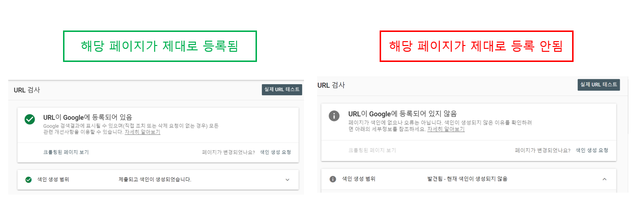 url이 구글에 등록되어 있는 경우와 그렇지 않은 경우 구글 서치 콘솔 내 화면 예시