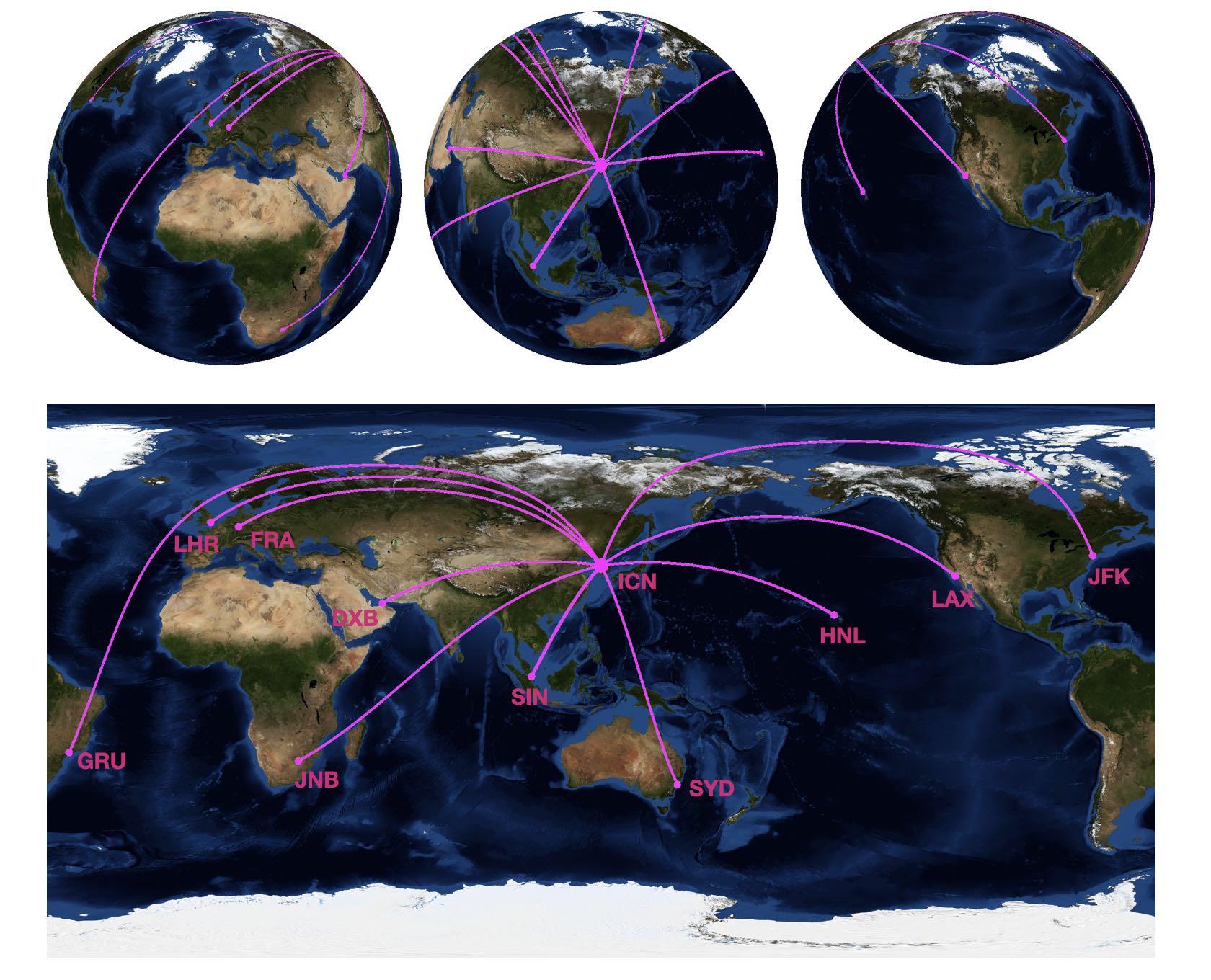 approximate filght path from Seoul Incheon airport to various destinations. Those are given by the geodesic equation on spherical surface