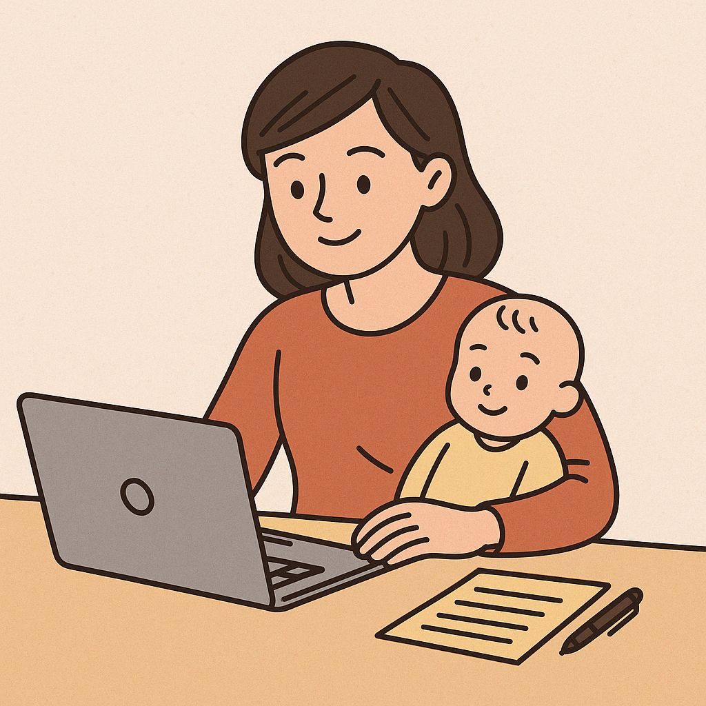 아기를 안고 노트북으로 일하는 엄마의 모습으로, 육아와 자기 일을 병행하며 현실적인 균형을 찾는 전략을 보여주는 장면