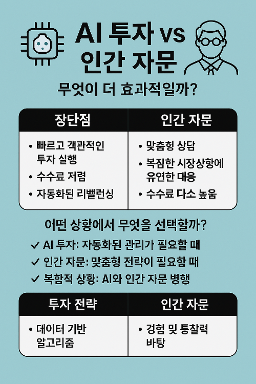 AI 투자와 인간 자문 비교 인포그래픽, 장단점과 투자 전략 안내