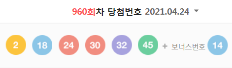  960회차 로또 당첨번호 (1등 당첨자는 10명으로 당첨금은 24억 113만 원)