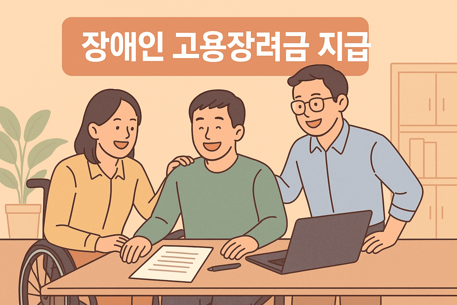 휠체어직원-동료와-협업-사무실-노트북-서류-고용지원제도-장려금지급-장애인근로환경-따뜻한분위기