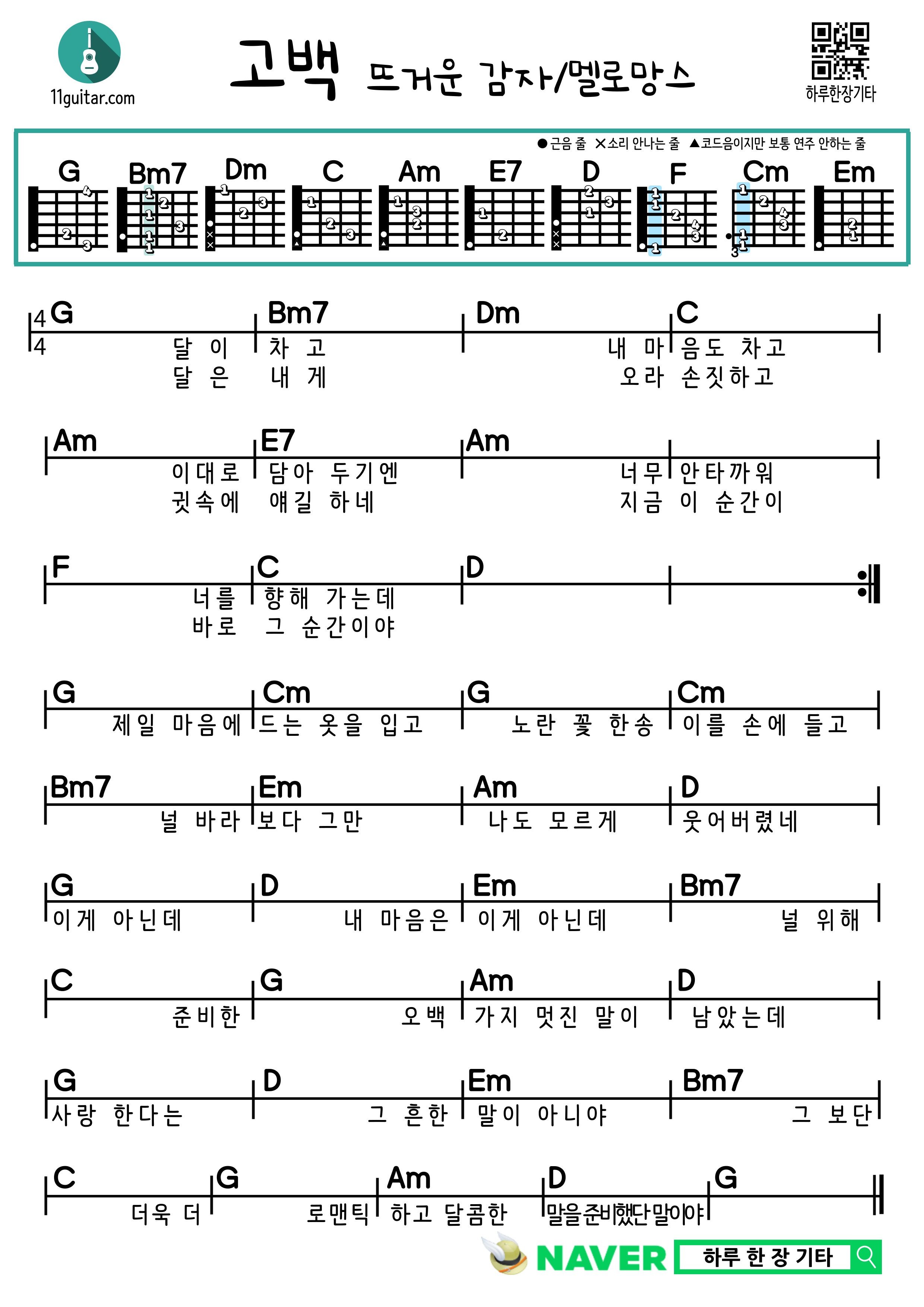 고백(뜨거운 감자/멜로망스) 기타 쉬운 코드 악보 Confession (Hot Potato/MeloMance) Guitar Easy Chord Sheet Music