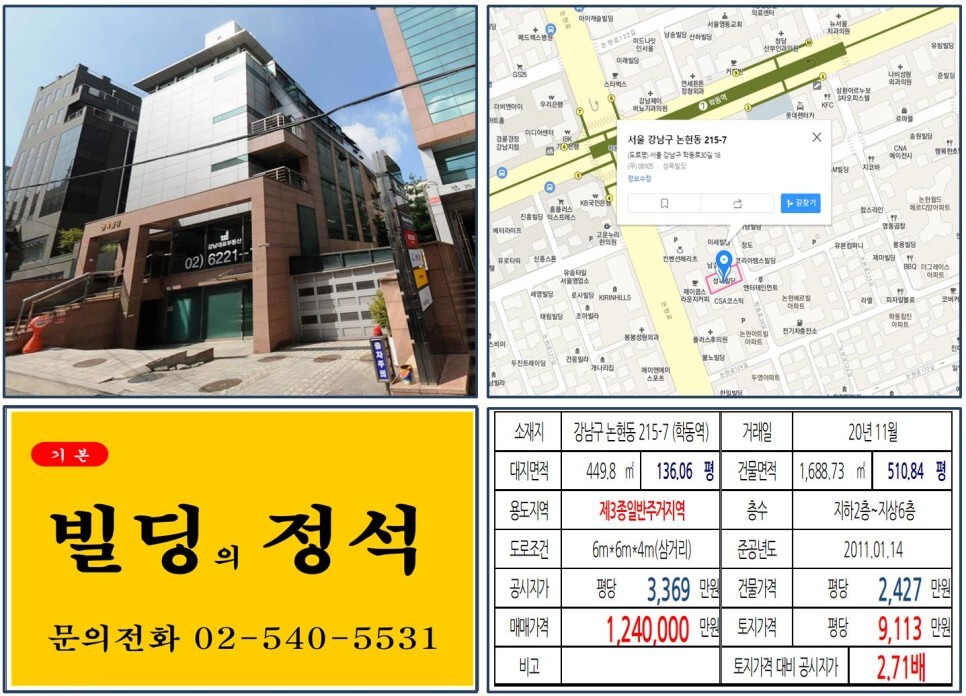  [강남구 역세권 100억 오피스 빌딩 실거래가 조회] 논현동 215-7 (학동역) 124억 원, 평당 9,113만 원 매매되었습니다.