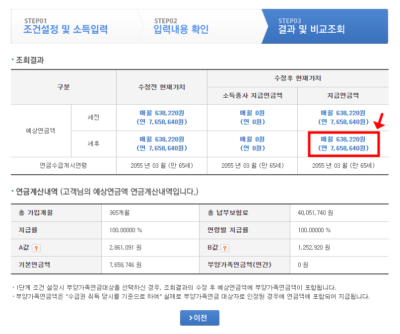 결과 및 비교 조회 를 통해 국민연금 예상수령액을 확인해 봅니다.
국민연금예상 연금액은 지급 연금액에 표시되는 금액을 세전, 세후로 확인할 수 있습니다.