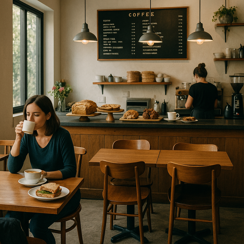 The Bakery by Woodlands Sourdough 매장 내부 + 메뉴 구성이 잘 보이는 장면 (자연광, 혼자 앉은 손님, 수제 샌드위치 등 강조)