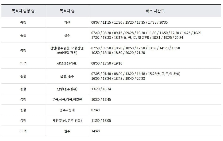 증평시외버스터미널 시간표