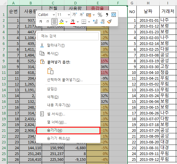 열 숨기기(A열에서 F열)