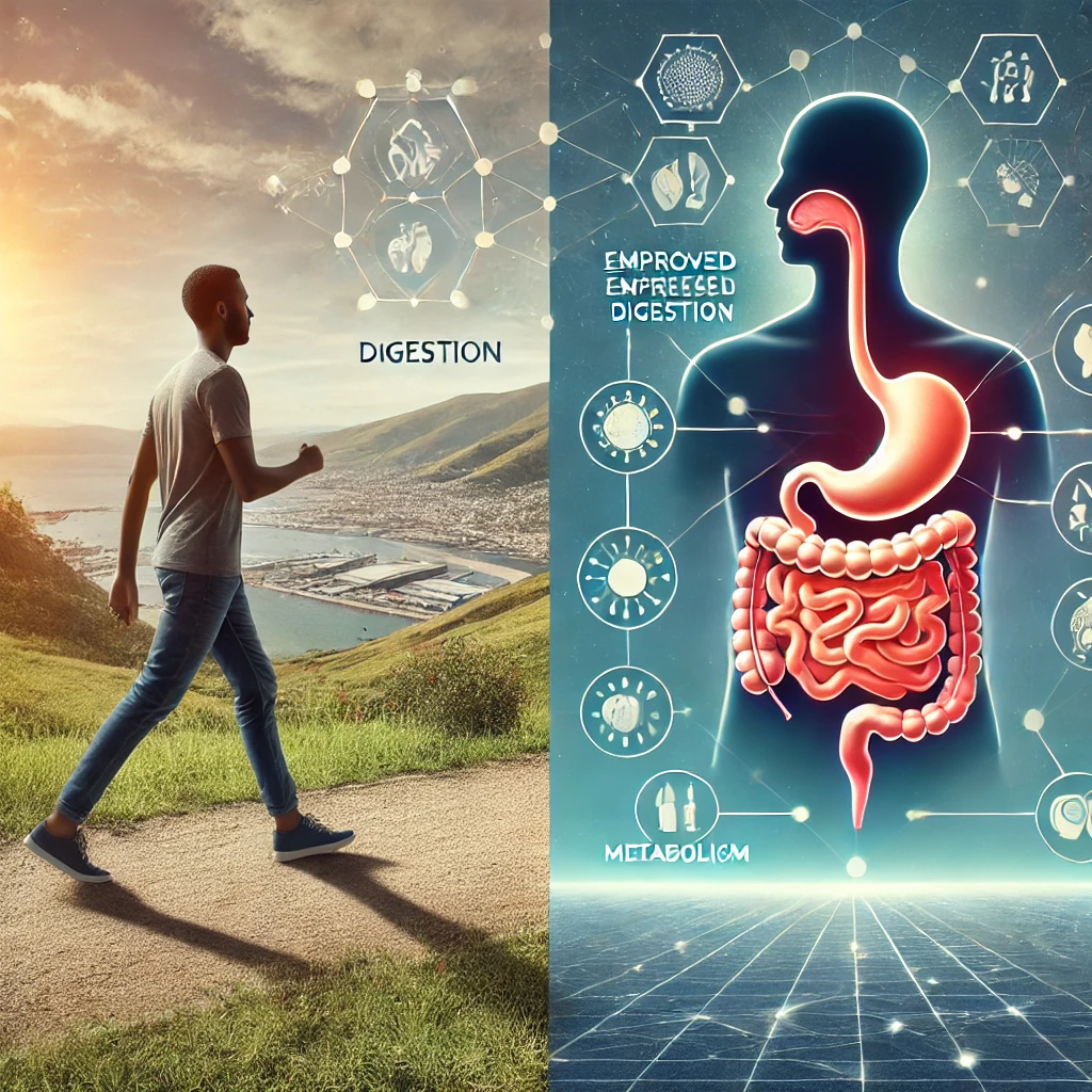식사 후 산책하는 사람, 걷기 운동과 소화기관의 연결 이미지
