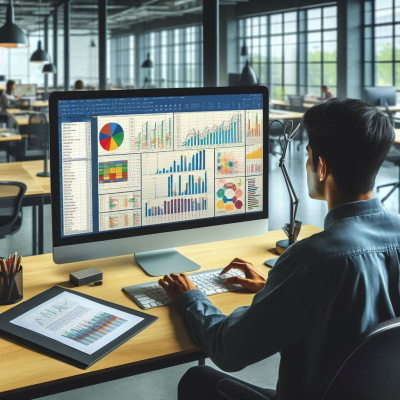 데이터를 검토하며 작업하는 사무실의 장면입니다.