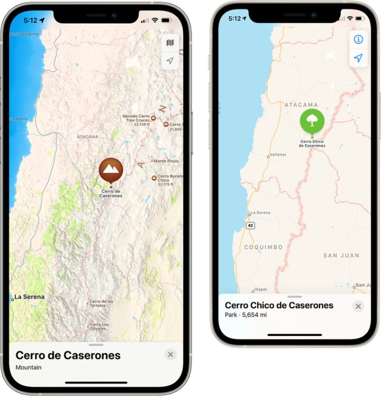 지도-세부-정보-iOS15,왼), iOS14(오)