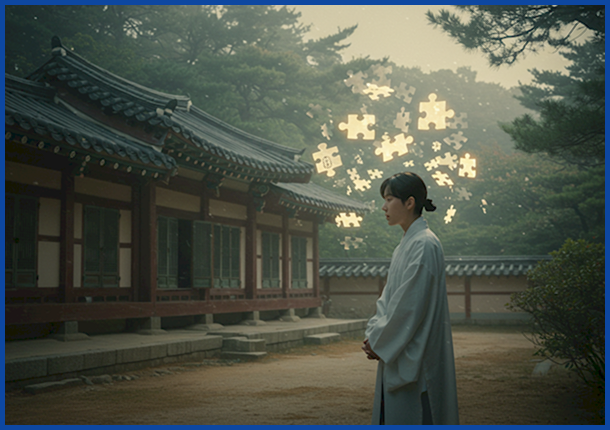 한국인 남성/여성이 잃어버린 기억을 상징하는 퍼즐 조각들이 주위에 떠다니는 모습으로 해리성 기억상실증의 혼란스러운 상태를 묘사한 일러스트.