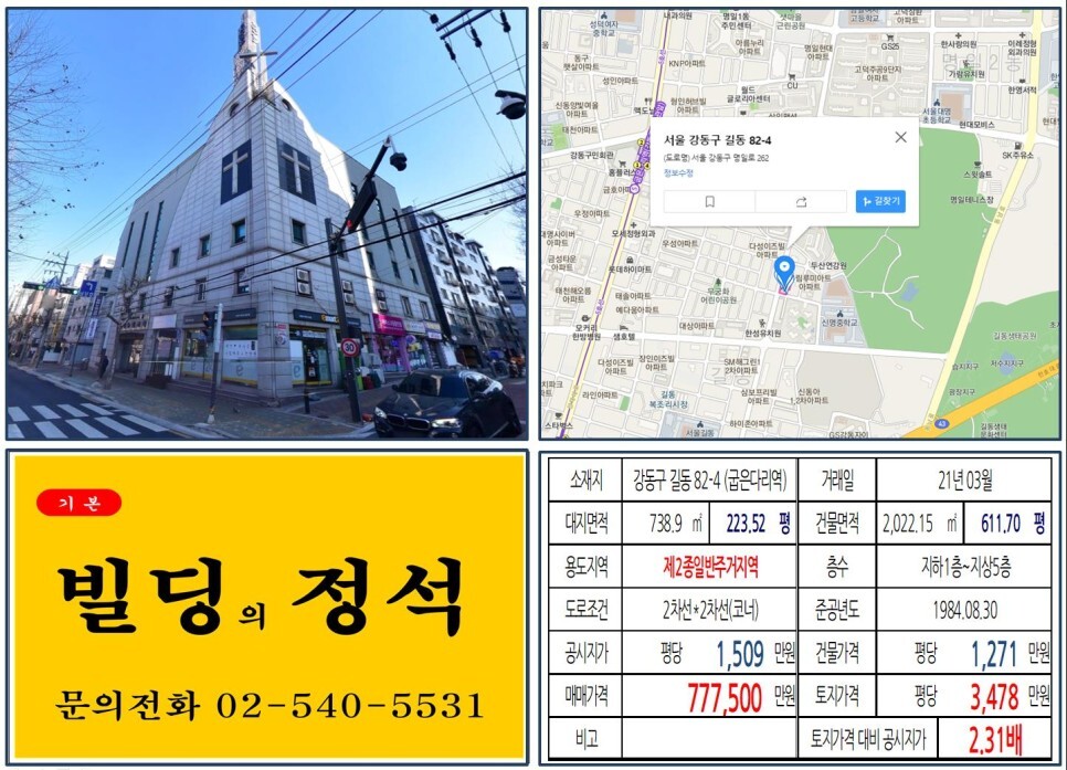  [강동구 9호선 4단계 연장호재 70억 꼬마빌딩 실거래가 조회] 길동 82-4 (굽은다리역) 77억 7,500만 원, 평당 3,478만 원 매매되었습니다. 신동아아파트 재건축