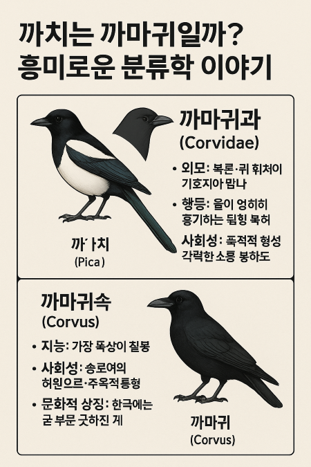 ‘까치는 까마귀일까? 흥미로운 분류학 이야기’라는 제목의 한국어 인포그래픽으로, 까치(Pica)와 까마귀(Corvus)의 생김새, 행동, 사회성, 분류 차이를 설명한 이미지