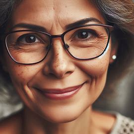 웃고 있는 중년 여성 눈 밑으로 자글자글한 주름이 보인다.