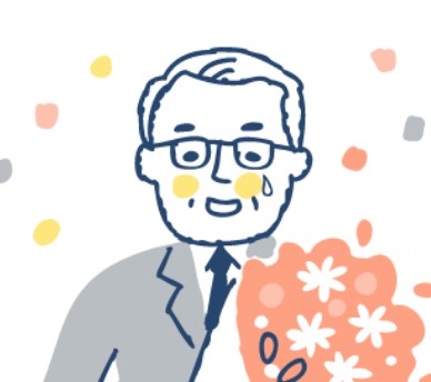 정년하여 축하의 꽃다발을 받고 있는 남자의 모습