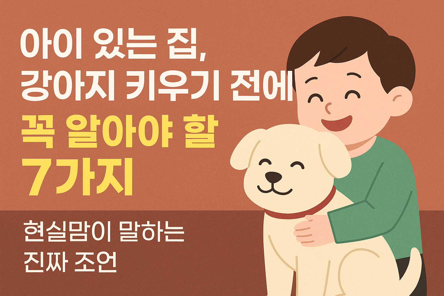 강아지를 키우기 전 아이가 있는 집에서 꼭 알아야 할 7가지 내용을 담은 정보형 이미지. 웃는 아이와 강아지가 함께 있는 일러스트 배경에 핵심 문구가 강조되어 있다.